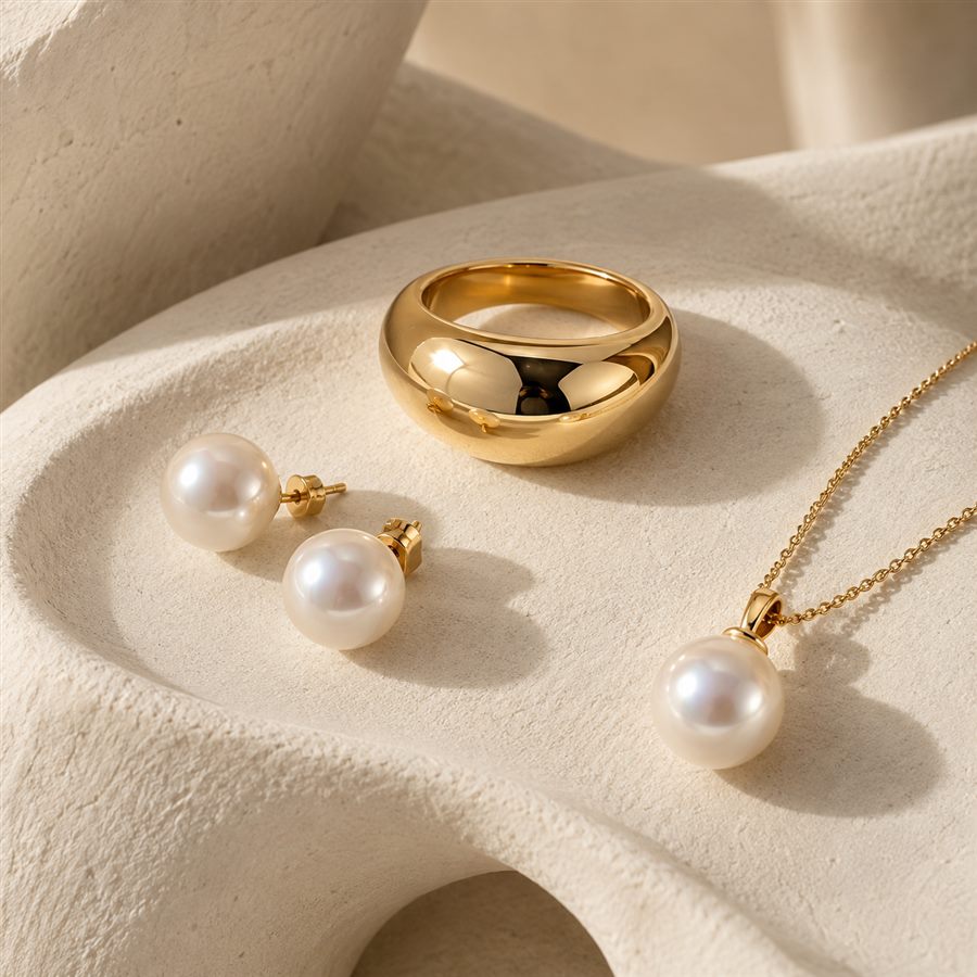Jewellery collection on a warm ivory surface