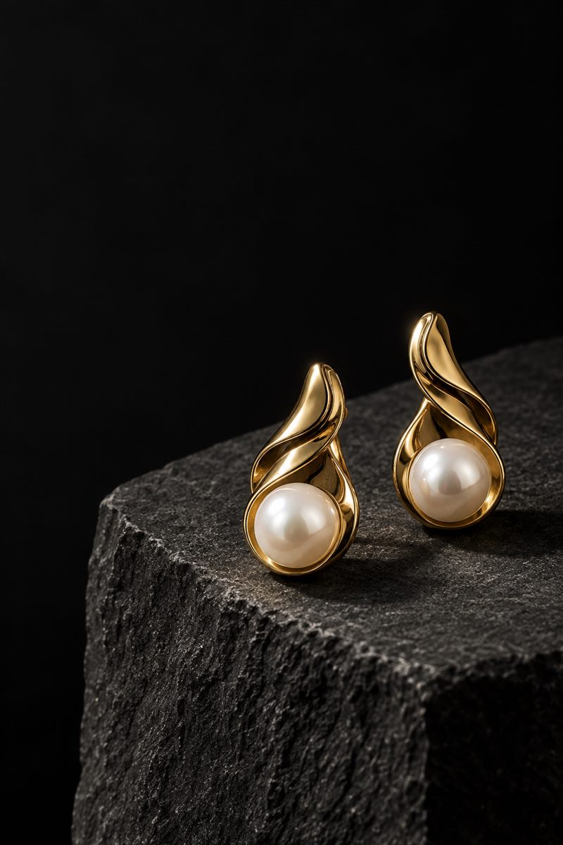 Gold and pearl earrings in an editorial still life